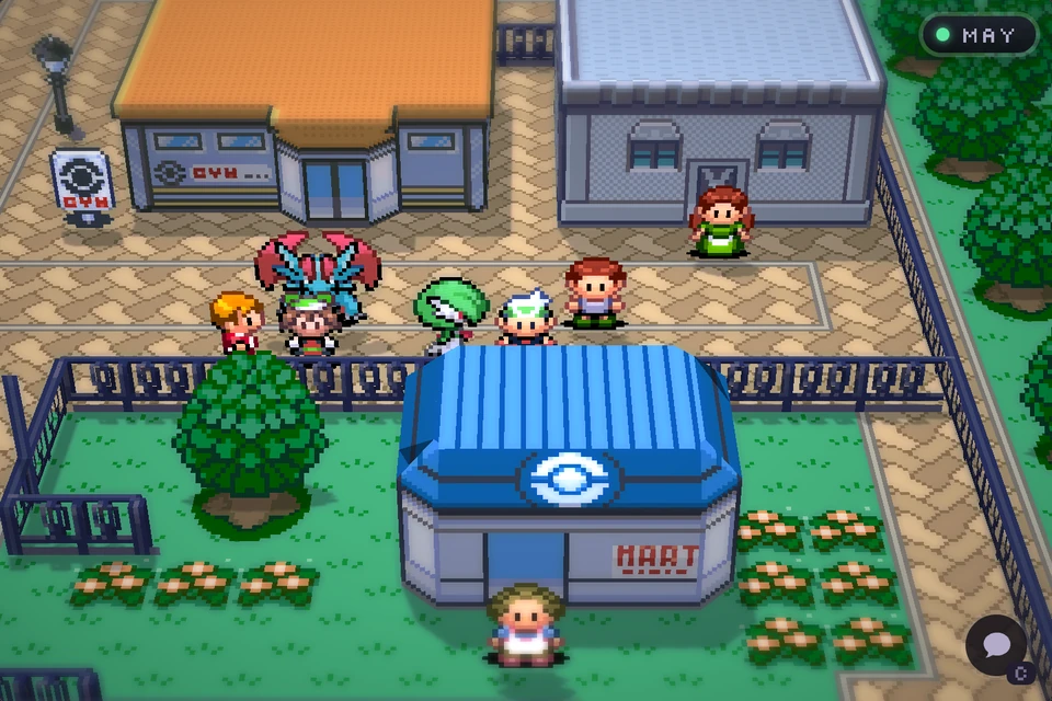 Due giocatori co-op di UltraKaizo con Gardevoir e Salamence a Rustboro City, nella vista 3D opzionale